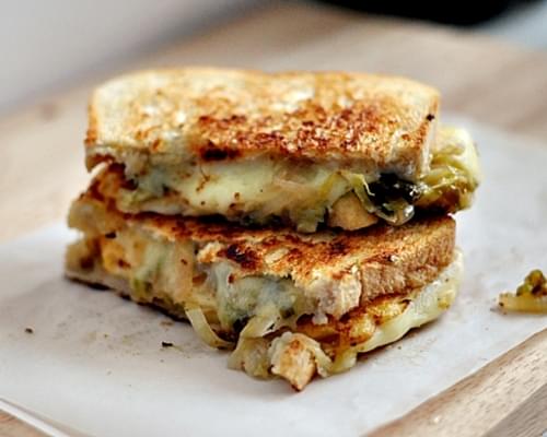 Grilled Cheese Sandwich with "Pickled" Brussels Sprouts and Onions