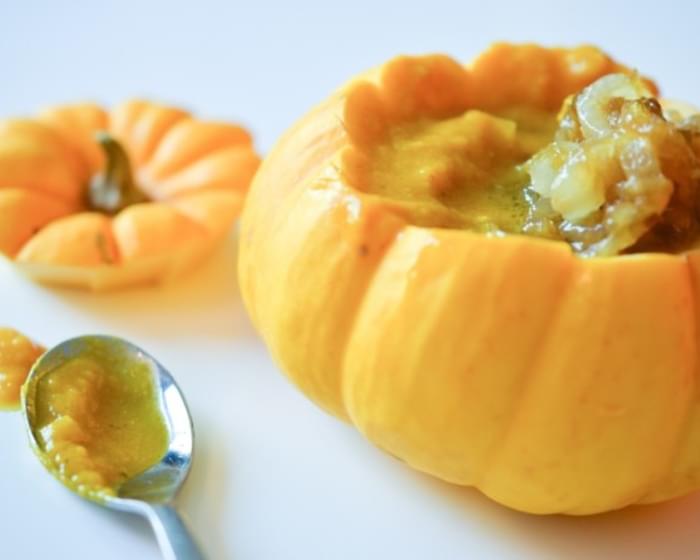 Curried Pumpkin Soup with Maple and Ginger Caramelized Onions