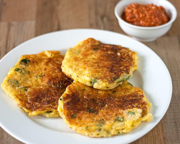 Summer Corn Fritters with Roasted Pepper Romesco Sauce