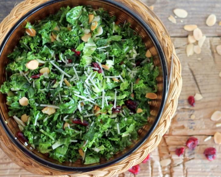Kale and Brussels Sprout Salad with Cranberries & Toasted Almonds