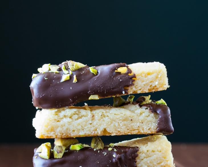 Chocolate-Dipped Cardamom Shortbread with Salted Pistachios