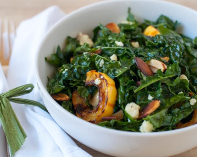 Kale Salad With Delicata Squash, Almonds And Aged Cheddar