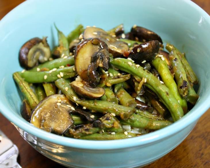 Stir-fried Green Beans And Mushrooms Over Rice