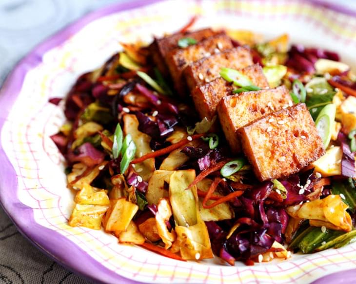 Spicy Baked Marinated Tofu with Vibrant Cabbage Stir Fry