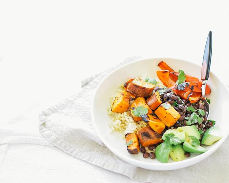 Simple Grilled Sweet Potato + Black Bean Burrito Bowls With Spicy Cumin Garlic Drizzle