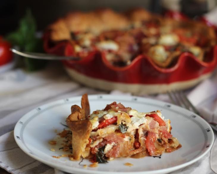 Fresh Tomato Pie with Goat Cheese, Bacon & Caramelized Onions