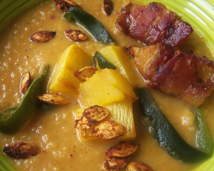 Roasted Pumpkin-Chipotle Soup with Bacon-Wrapped Scallops