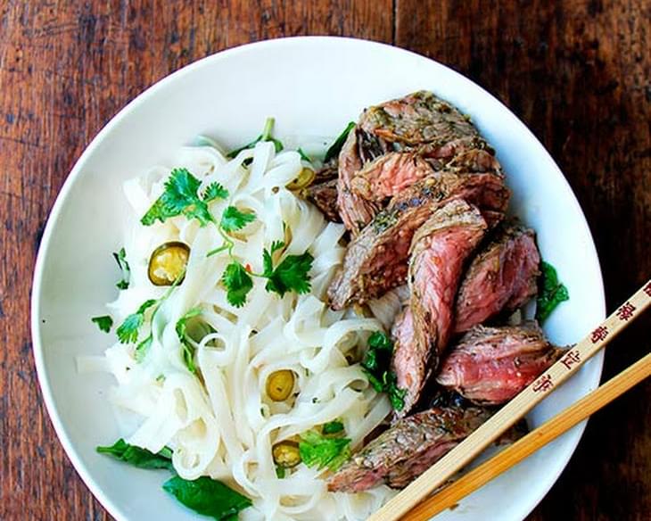 Grilled Chimichurri Skirt Steak with Rice Noodles and Nuoc Cham