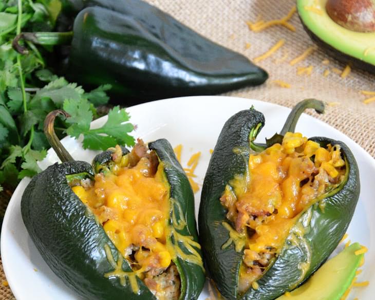 Roasted Green Chile Chicken Sausage & Corn Stuffed Poblano Peppers