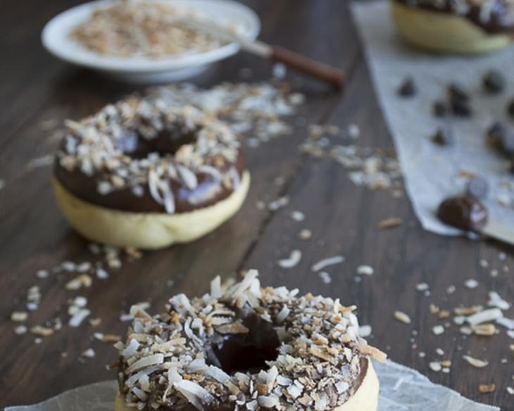 Coconut Donuts Topped with Chocolate Ganache and Toasted Coconut
