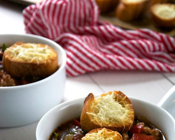 Sweet Italian Sausage Soup with Kale and Cheesy Parmesan Croutons
