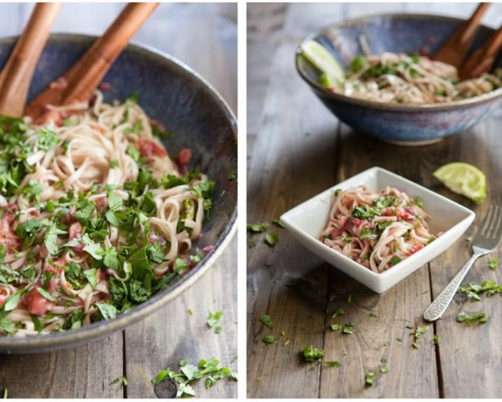 Noodles with Kale and Spicy Rhubarb Sauce