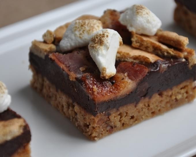 Bacon Kissed Sinful S'Mores (with Graham Cracker Shortbread, Black Pepper-Bourbon Chocolate Ganache, Candied Peppered-Bacon, and Cocoa Kissed Marshmal