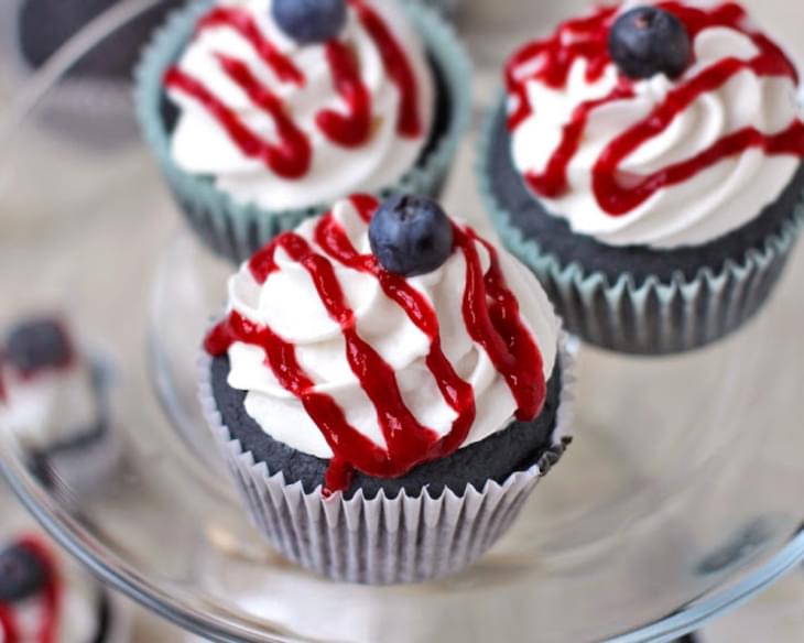 Blue Velvet Cupcakes with White Coconut Yogurt Frosting and Strawberry Syrup Drizzle