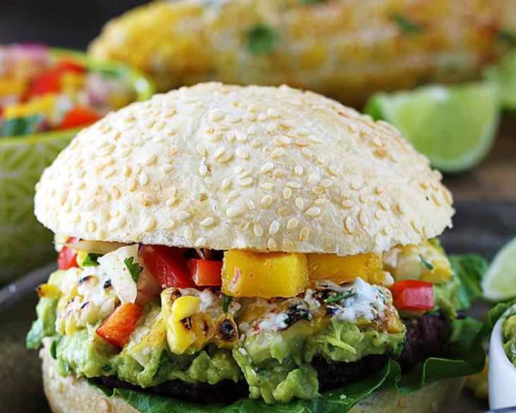 Guacamole Burgers with Roasted Corn & Mango Red Pepper Salsa