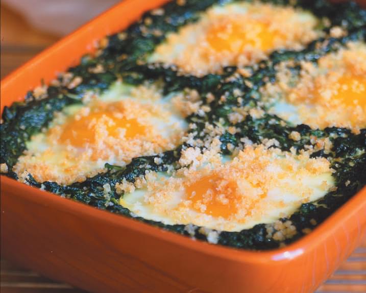 Shirred Eggs with Spinach and Crisp Bread Crumbs