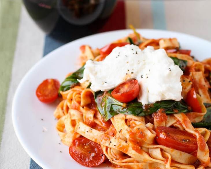 Fettuccine with Seared Tomatoes, Spinach and Burrata