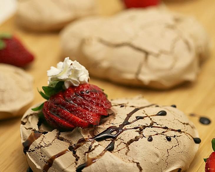 Dark Chocolate Pavlovas with Red Wine Soaked Strawberries and Red Wine Syrup