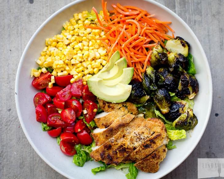 Rainbow Salad with Balsamic Roasted Brussels & Paleo Almond Crusted Chicken