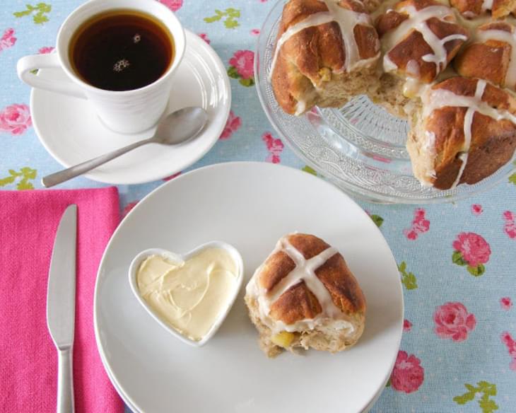 Apple and Cinnamon Pull Apart Hot Cross Buns with Maple Icing