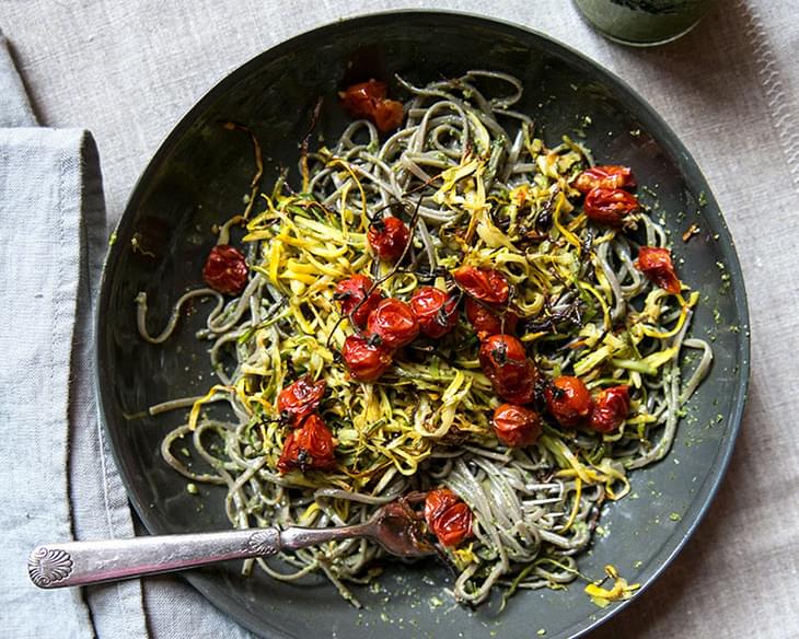 Soba Noodles With Roasted Zucchini, Cherry Tomatoes + Swiss Chard Pesto