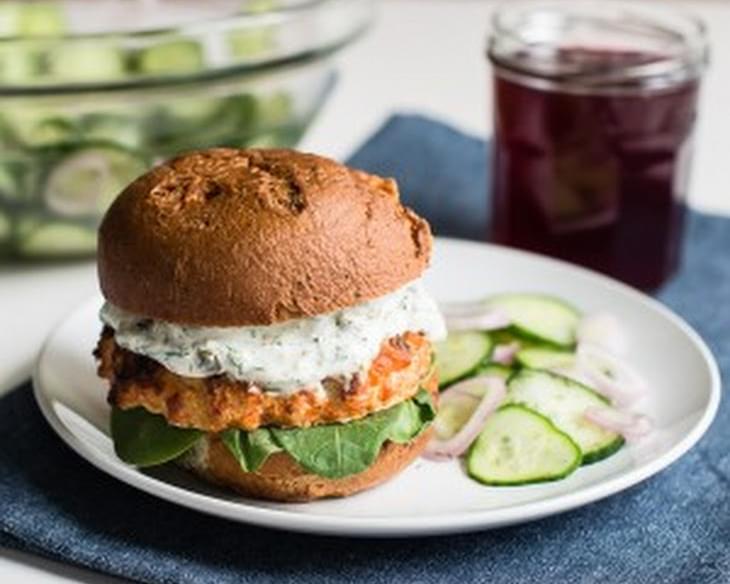 Salmon Burgers with Quick-Pickled Cucumber Salad