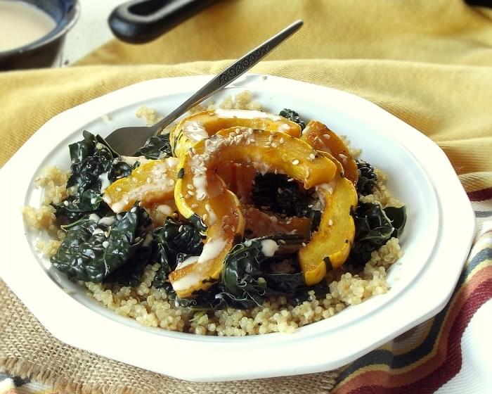 Roasted Delicata Squash Bowls with Apple Cider Tahini Dressing
