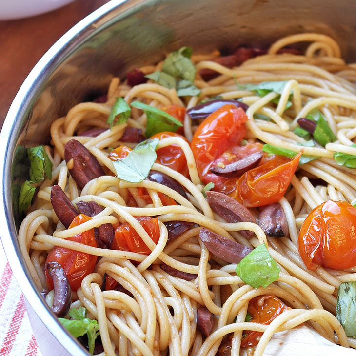 Spaghetti with balsamic roasted cherry tomatoes & Kalamata olives Recipe