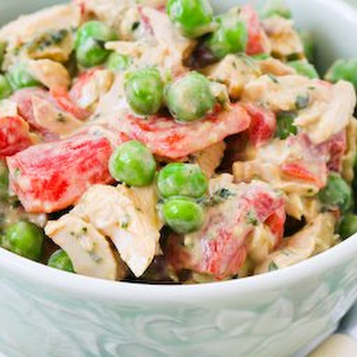 Pesto Chicken Salad with Roasted Red Pepper and Peas Recipe