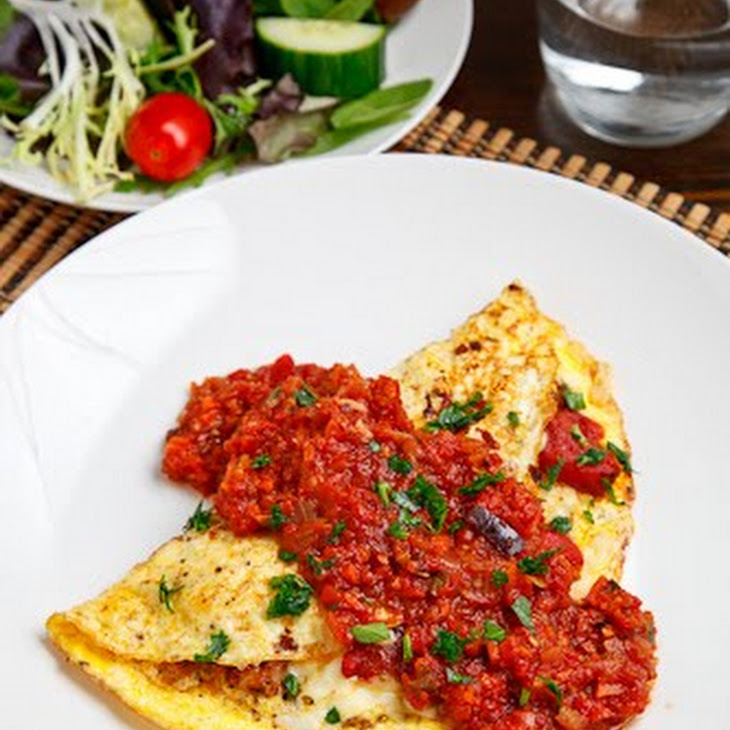 Italian Sausage and Roasted Red Pepper Omelette Topped with Marinara