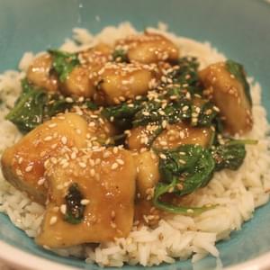 Sesame Chicken and Spinach Over Jasmine Rice