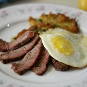 Potato Pancakes with Filet Mignon and Fried Eggs #SundaySupper