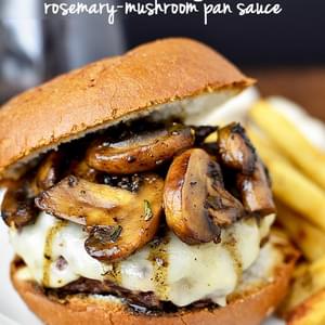 Swiss Pan Burgers with Rosemary-Mushroom Pan Sauce