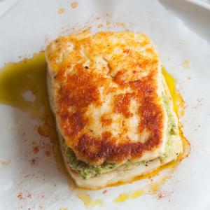 Halloumi Burgers With Zucchini Fritters And Mint Pea Pesto