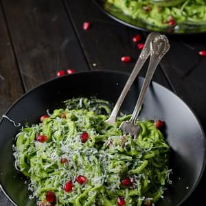 Zucchini Pasta with Kale Pesto, Pistachios and Pomegranate Seeds