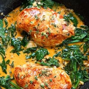 Paprika Chicken & Spinach with White Wine Butter Thyme Sauce