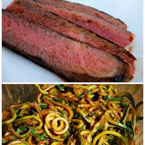 Balsamic Marinated London Broil Steak with Pan-Fried Zucchini Noodles