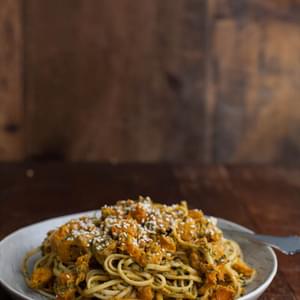 Roasted Butternut Squash and Udon Noodles with Cilantro-Tahini Sauce