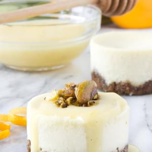 Goat Cheese, Honey & Pistachio Mini Cheesecakes with Meyer Lemon Cream
