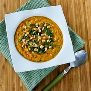Slow Cooker Thai-Inspired Butternut Squash and Peanut Vegan Soup with Red Bell Pepper, Lime, and Cilantro