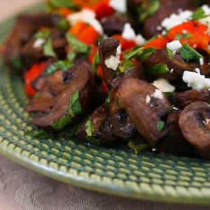 Greek Style Roasted Mushrooms with Red Pepper, Oregano, Mint, and Feta