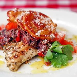Garlic Oregano Grilled Chicken with Red Pepper Parmesan Tapenade and Crispy Pancetta