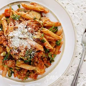Autumn Penne Pasta with Sauteed Brussels Sprouts in a Light Ragu