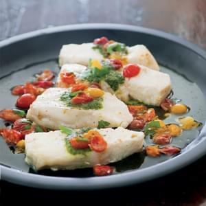 Sea Bass Poached with Tomatoes and Pesto