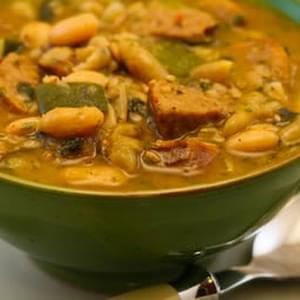 White Bean Soup with Roasted Turkey Italian Sausage, Zucchini, and Basil