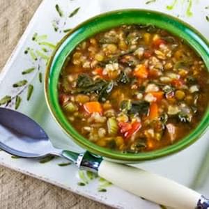 Double Lentil, Sausage, Brown Rice, and Spinach Soup