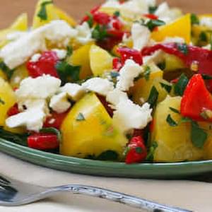 Yellow Tomato Salad with Roasted Red Pepper, Feta, and Mint