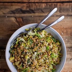 Shaved Brussels Sprout Einkorn Salad with Soy-Mustard Dressing