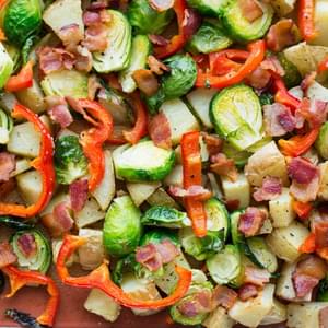 Roasted Potatoes with Brussels Sprouts, Red Pepper and Bacon
