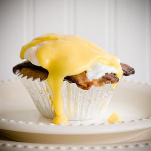 Cupcakes Benedict – Maple Cupcakes Topped with Black Forest Bacon, Poached Eggs, and Maple Hollandaise Sauce